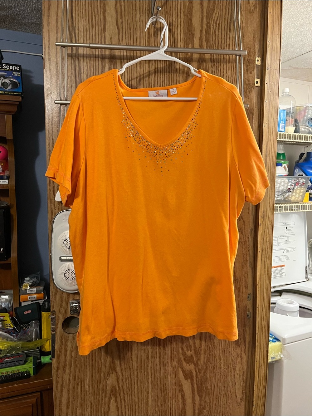 Quacker Factory Orange Short Sleeve Tee with Rhinestone Scoop Neck